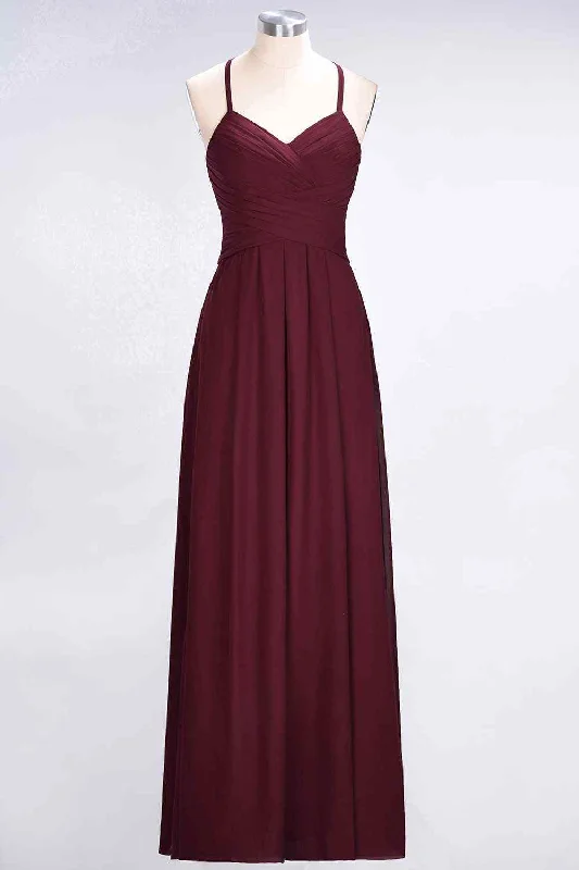 The Best Prices elegant shift dressBurgundy A-line Halter Neck Cut-Out Pleated Chiffon Long Bridesmaid Dress