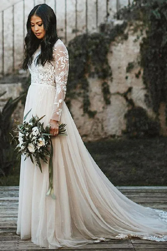 Referral Discount Stylish Long Sleevess Aline Wedding Dress Chiffon Bridal Gown Floor Length