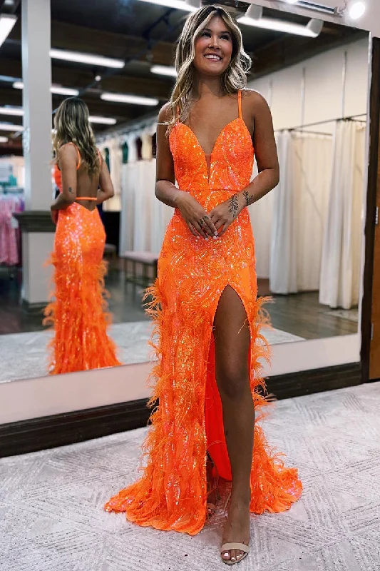 New Deals vintage dressPlunging V-Neck Sequins Appliques Feathers Sparkly Prom Dress with Slit QP0935
