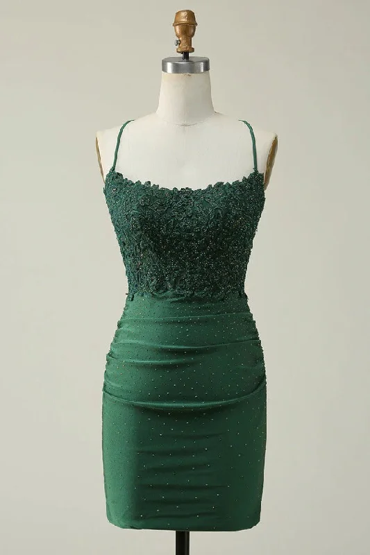 Overstock Sale chic shift dressBodycon Spaghetti Straps Green Short Homecoming Dress with Appliques Overstock Sale chic shift dressBodycon Spaghetti Straps Green Short Homecoming Dress with Appliques