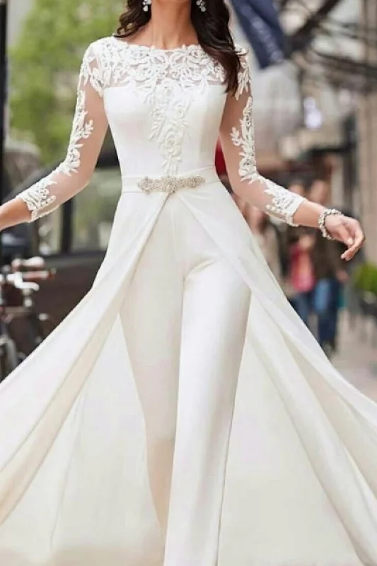 Hurry In casual knit dressHall Casual Wedding Dresses Jumpsuits Long Sleeves Illusion Neckline With Sashes / Ribbons Crystals 2023 Bridal Gowns QW2397