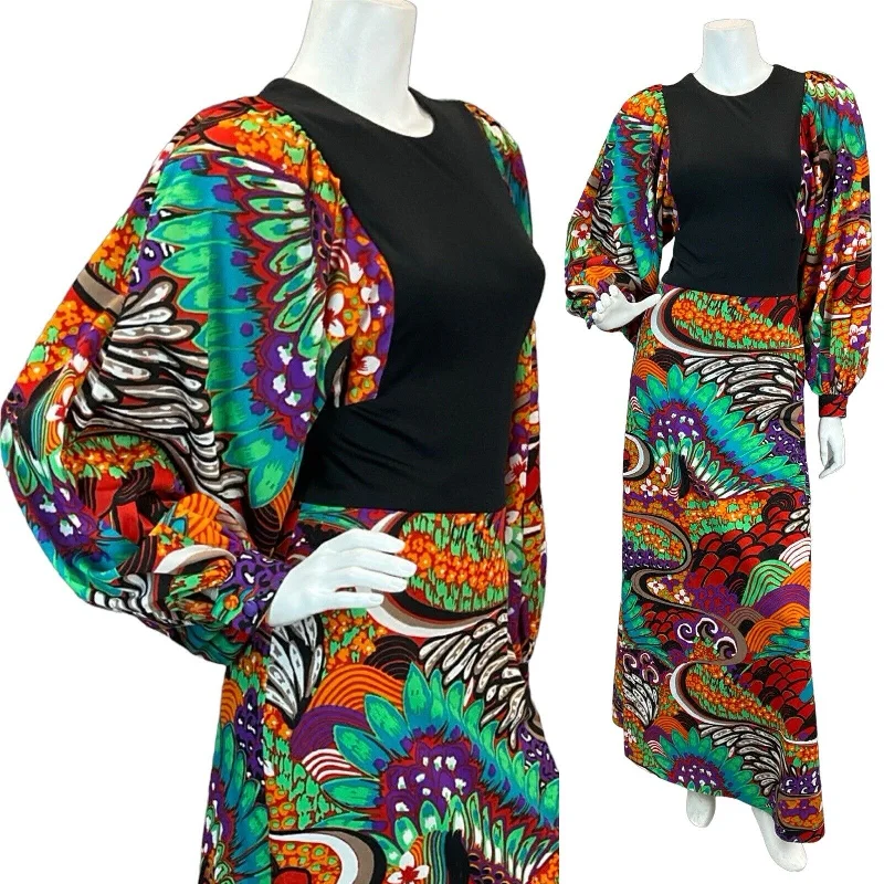 Final Clearance VTG 70S MULTICOLOUR TRIPPY PSYCHEDELIC PATTERN BISHOP SLEEVE MAXI DRESS 8 10