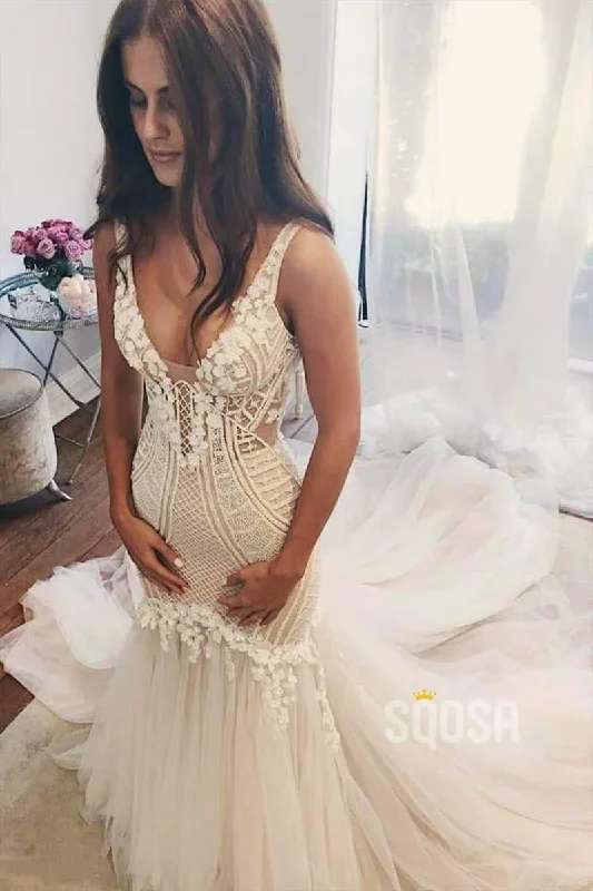 Anniversary Sale elegant dressMermaid/Trumpet Wedding Dress V-neck Lace Wedding Gowns Royal Train Bridal Gowns QW2085