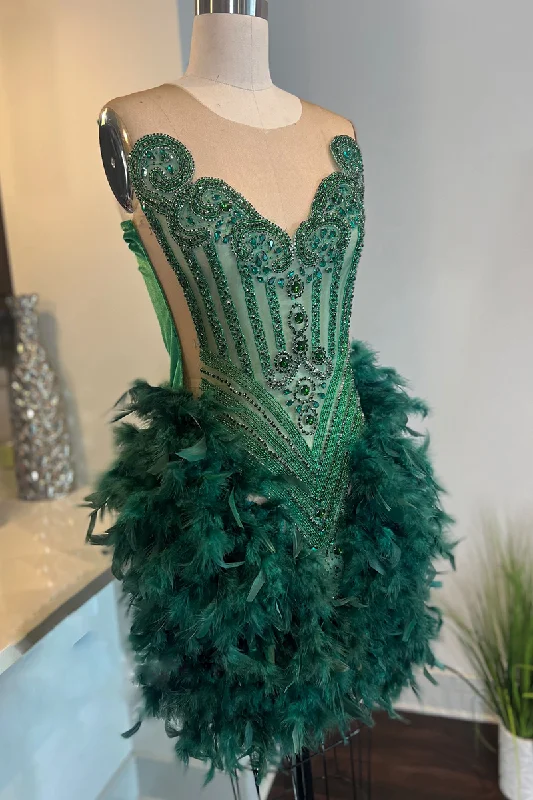 Instant Discount casual slip dressIllusion V Neckline Heavy Beads Feathers Short Party Dress Homecoming Dress for Black Women QH2511