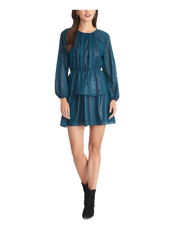Great Deals RACHEL RACHEL ROY Womens Teal Belted Animal Print Long Sleeve Jewel Neck Mini Party Fit + Flare Dress