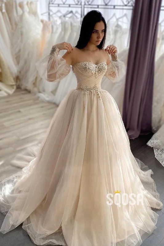 Act Fast boho-chic dressSweetheart Tulle Appliques Ballgown Wedding Dress with Sleeves QW2614