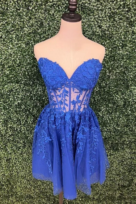 Final Markdown trendy dressRoyal Blue Strapless Appliques A-line Homecoming Dress
