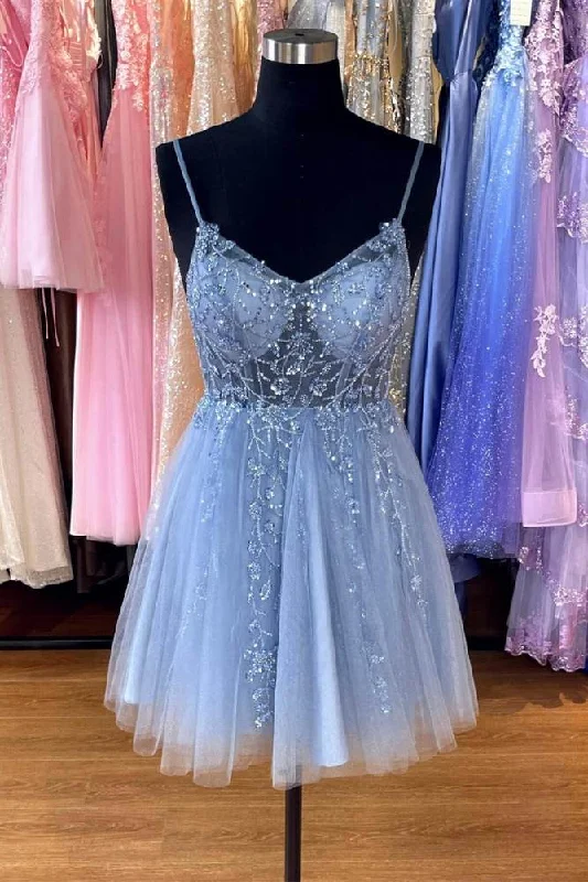 YEAR-End Sale chic slip dressBlue Sweetheart A-line Straps Tulle Homecoming Dress