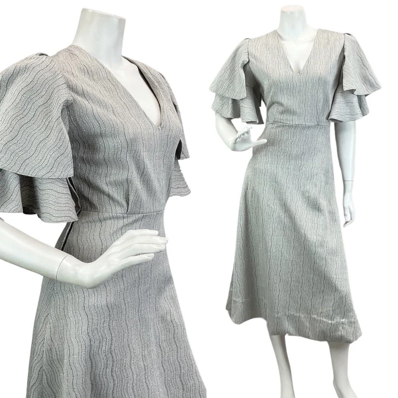 Limited Availability VINTAGE 60s 70s SILVER RUFFLED ANGEL SLEEVE DISCO PARTY EVENING MAXI DRESS 10