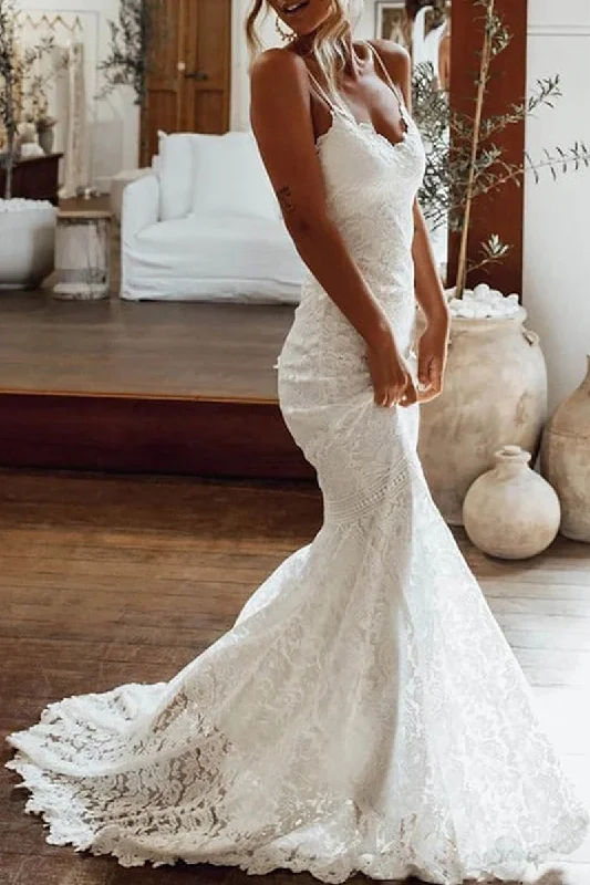 Online Only luxury dressBeach Boho Wedding Dress Mermaid/Trumpet Spaghetti Straps Lace Bridal Gown QW2363