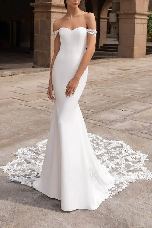Final Markdown elegant evening dressMermaid Wedding Dress Off the Shoulder Lace Boho Wedding Gown with Court Train QW2280