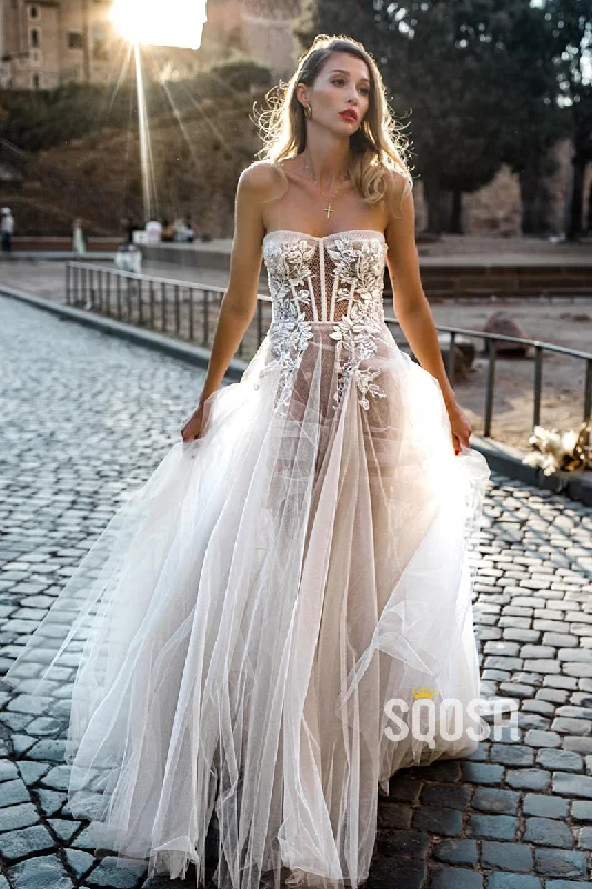 Midnight Madness formal dressA-line Sweetheart Lace Appliques Bohemian Wedding Dress Bridal Gown QW0873
