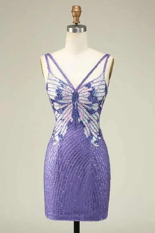 Discount Days midi dressSparkly Purple Sheath Sequins Short Homecoming Dress with Lace-Up Back Sexy
