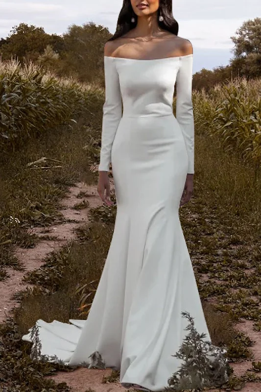 Unbeatable Prices A-line dressHall Casual Wedding Dress Off Shoulder Long Sleeves Simple Summer Bridal Gowns QW2366
