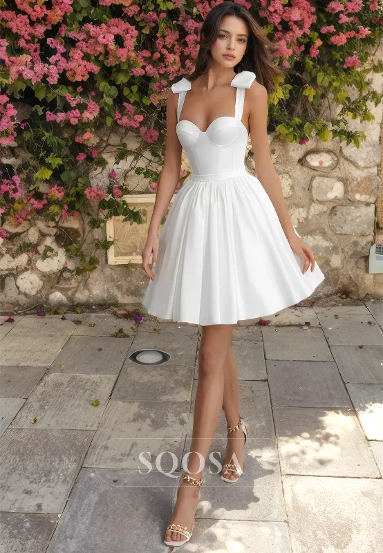 Shop and Save satin dressSweetheart Bows Straps Wedding Dress A-Line Sleeveless Satin Boho Short Wedding Gowns