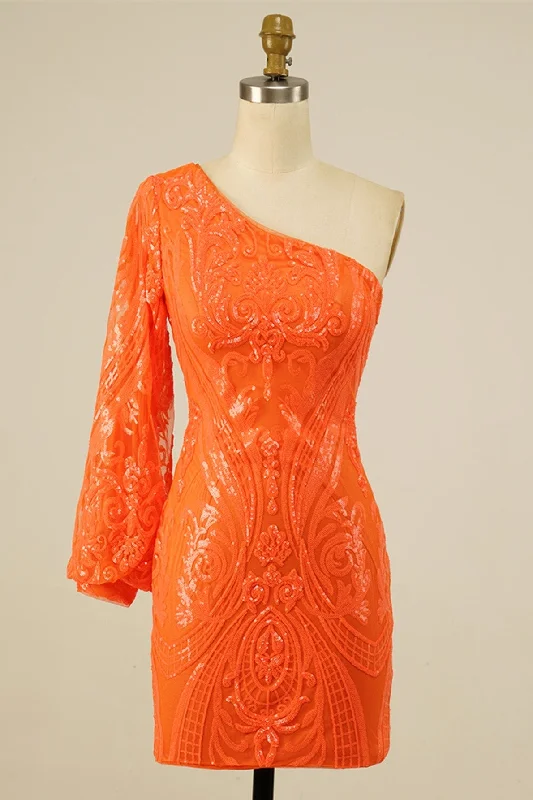 Final Markdown long sleeve dressOrange One Shoulder Long Sleeve Sequins-Embroidered Homecoming Dress