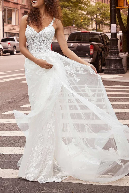 Epic Deals satin dressSpaghetti Straps V Neck Mermaid Wedding Dress with Detachable Skirt Lace Bridal Gown QW2294