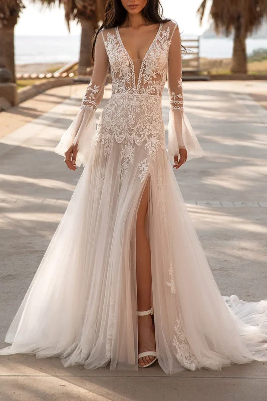 Deal Frenzy stylish party dressAttractive V Neck Lace Appliques Boho Wedding Dress with Sleeves Bridal Gown QW2604 Deal Frenzy stylish party dressAttractive V Neck Lace Appliques Boho Wedding Dress with Sleeves Bridal Gown QW2604