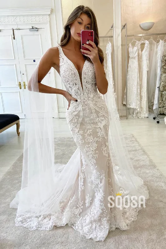 Year-End Sale lace dressMermaid Wedding Dress V-neck Lace Wedding Gowns QW0949