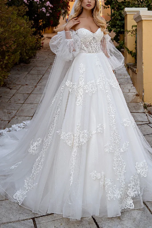 Don't Wait fitted cocktail dressBall Gown Sweetheart Lace Appliques Rustic Wedding Dress with Long Sleeves QW2195