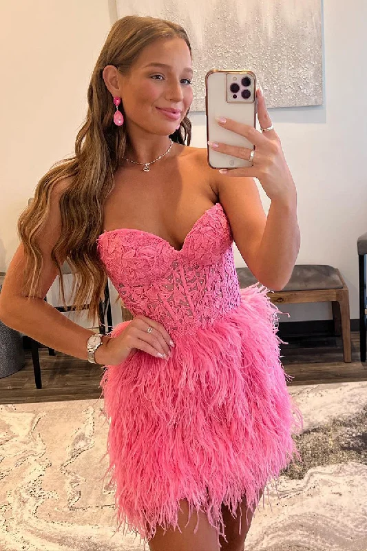 Massive Deals trendy bodycon dressSheath/Column Sweetheart Lace Appliques Feathers Pink Cute Homecoming Dress QH2328
