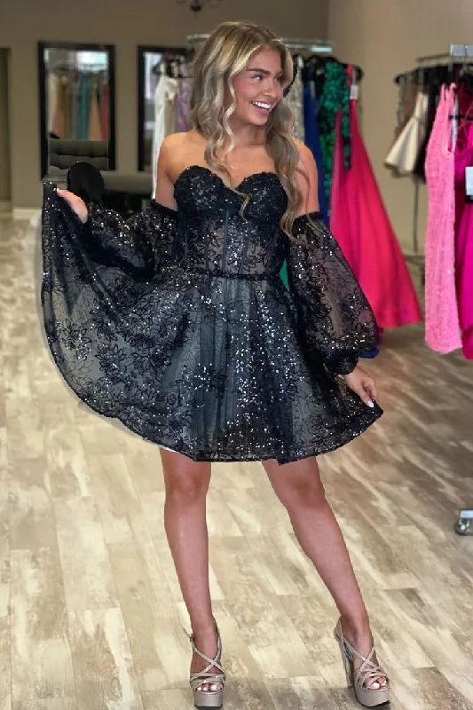 Can't Miss ruched dressBlack Lace Bustier A-Line Short Homecoming Dress with Detachable Sleeve  Y3000
