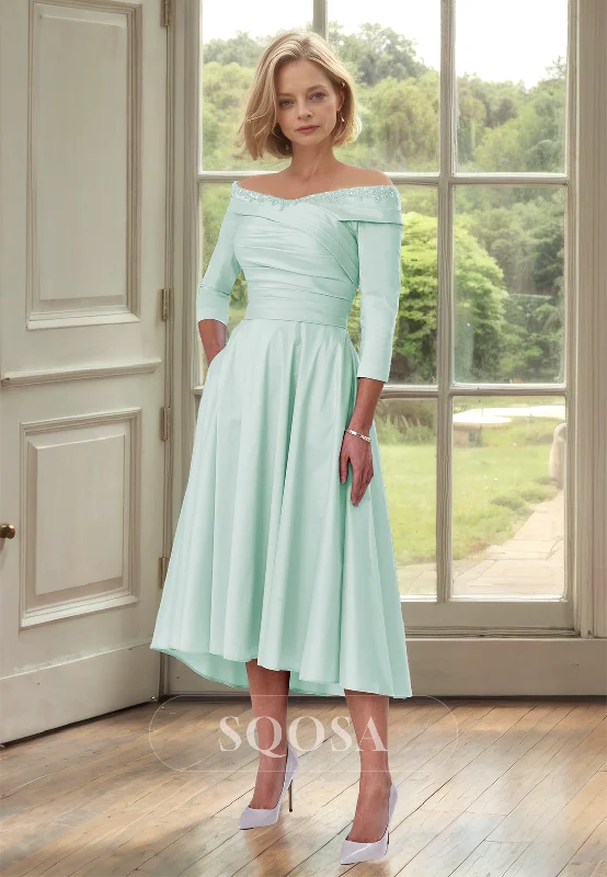 Online Specials fitted dressBeaded Tube Top Long-Sleeves Cocktail Gowns Pleated Midi A-Line Mother of the Bride Dress