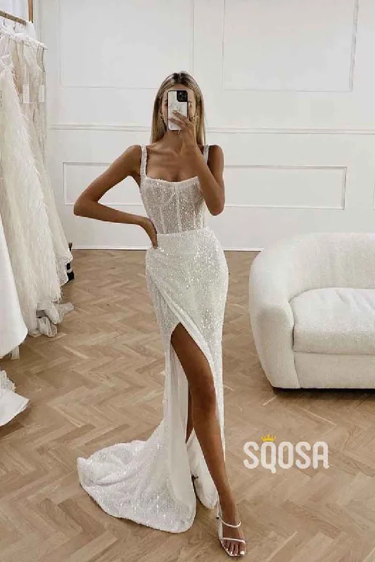 Unmissable Offer casual summer dressDouble Straples Side Slit Elegant Mermaid Wedding Dress QW2531