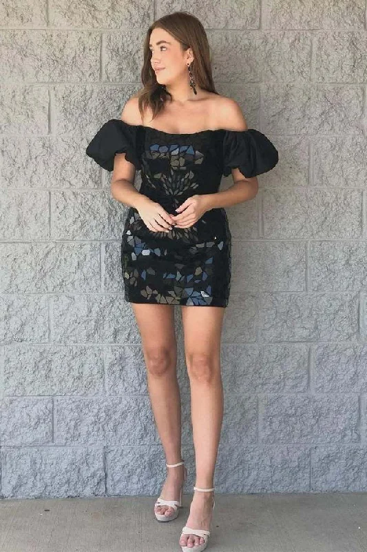 Hot Deal comfy dressBlack Cut Glass Mirror Puff-Sleeve Short Homecoming Dress
