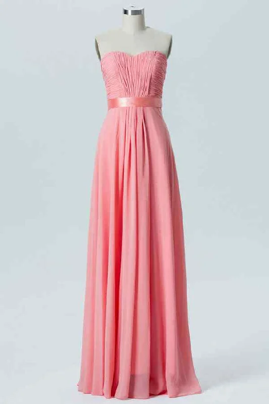 Closeout Sale elegant maxi dressCoral A-line Strapless Pleated Chiffon Long Bridesmaid Dress with Sash Closeout Sale elegant maxi dressCoral A-line Strapless Pleated Chiffon Long Bridesmaid Dress with Sash