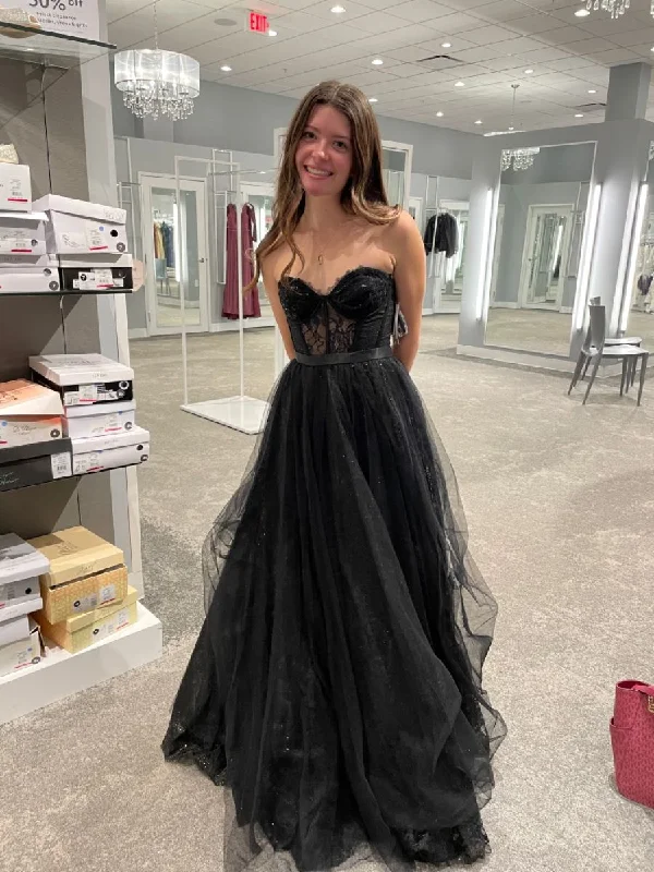 Midnight Sale ruched dressSweetheart Neckline A-line Black Prom Dress,Black Graduation Dress Y2854