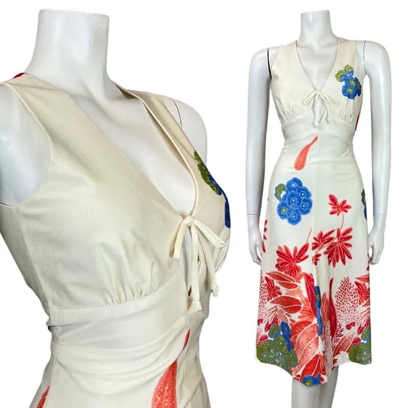 Incredible Offers VINTAGE 70s CREAM RED BLUE HAWAIIAN FLORAL HONOLULU SUMMER SWING DRESS 8 10