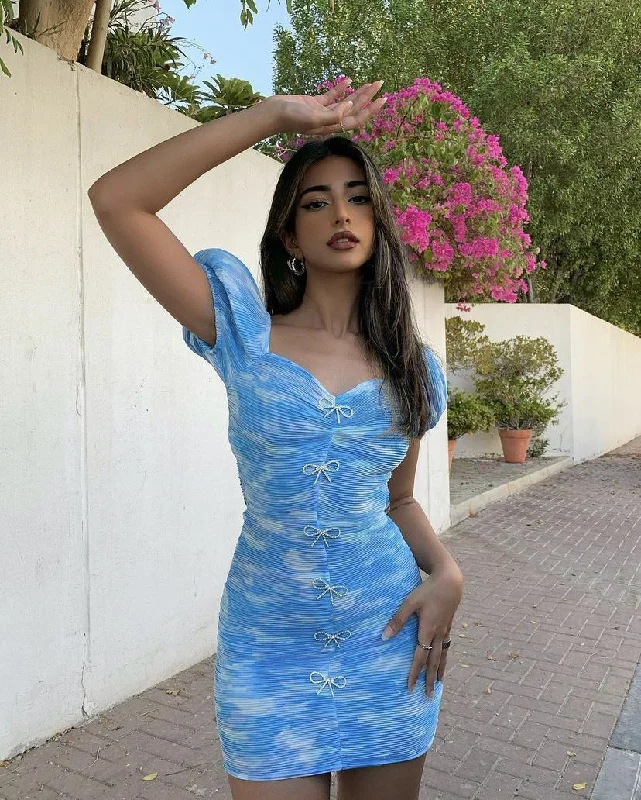Early Access trendy wrap dressBlue Tie-dye Bodycon Dress Chic Homecoming Dress Y2687