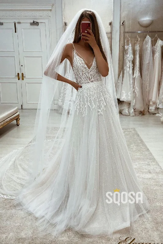 Special Price flowy dressSexy V-Neck Beads A-line Tulle Rustic Wedding Dress QW2133
