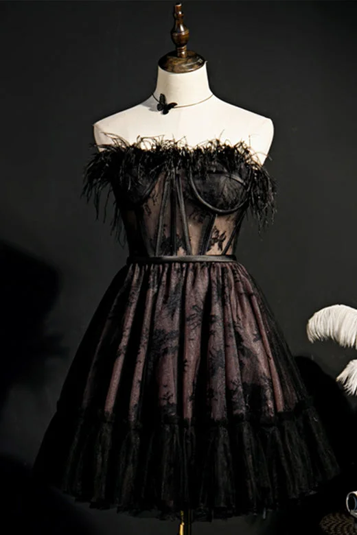 Deal of the Week shift dressBlack Strapless Feathers Prints Ruffle Homecoming Dress