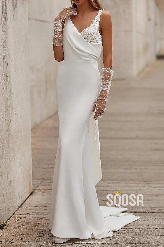 Huge Savings playful dressChic Satin Fitted V-Neck Spaghetti Straps Lace Applique Wedding Dress QW8185