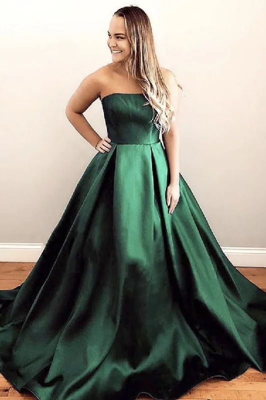 Bargain Prices Green Satin A line Strapless Long Prom Evening Gown Dress GJS212
