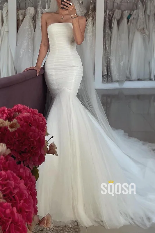 Mega Sale bohemian dressSimple Trumpet Strapless Ruched With Tulle Train Beach Wedding Dress QW8151