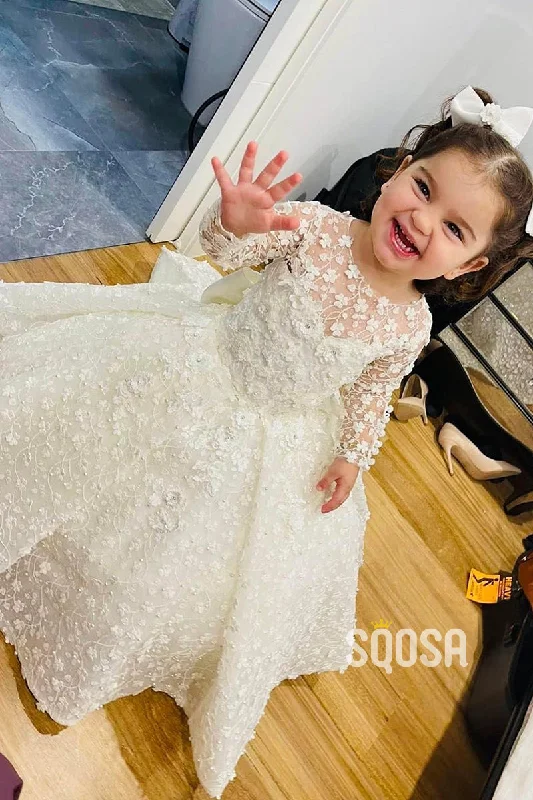 Midnight Sale structured dressBall Gown Scoop Long Sleeves Lace Flower Girl Dress Cute First Communion Dress QF1025