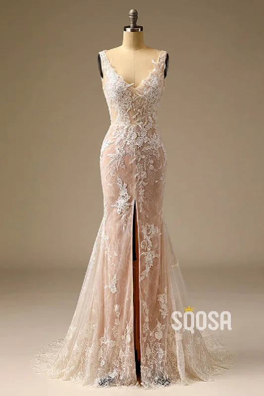 Today’s Deal pleated dressExquisite Champagne Lace Wedding Dress V-neck Appliques Mermaid Wedding Gown QW2539