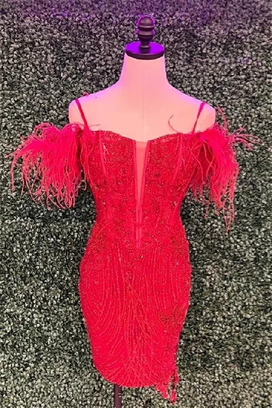 Discount Mania spaghetti strap dressRed Off-the-Shoulder Sequined Sheath Homecoming Dress with Feathers
