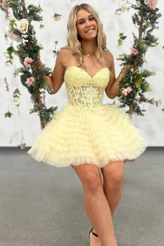 Unbeatable Prices trendy dressYellow A-Line Ruffled Strapless Corset Homecoming Dress