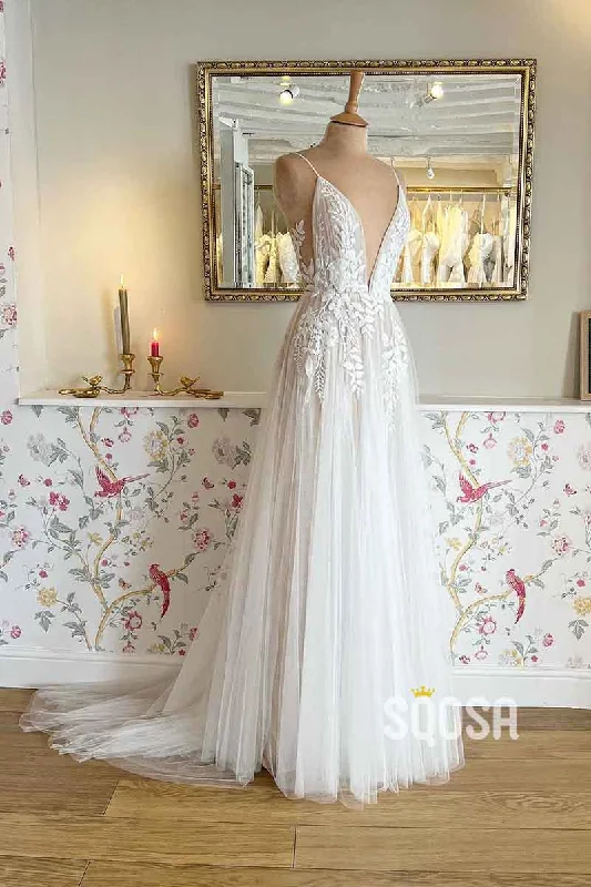 Stock Up and Save trendy dressA Line Deep V neck Lace Appliques Elegant Boho Wedding Dress QW2357