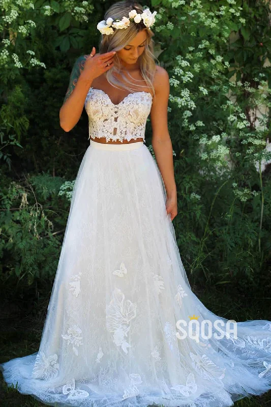 Weekend Special one-shoulder dressA-line Sweetheart Chic Appliques Two Piece Beach Wedding Dress QW2367