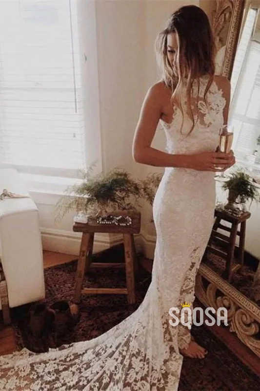 Today's Special pleated dressUnique Jewel Exquisite Ivory Lace Bohemian Wedding Dress with Slit QW2550
