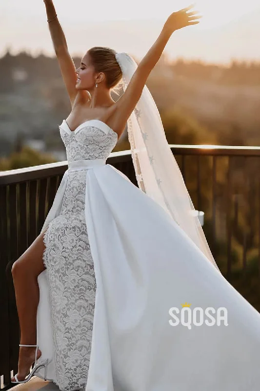 Overstock fitted dressSweetheart Exquisite Lace Wedding Dress with Slit Bohemian Wedding Gown QW2555