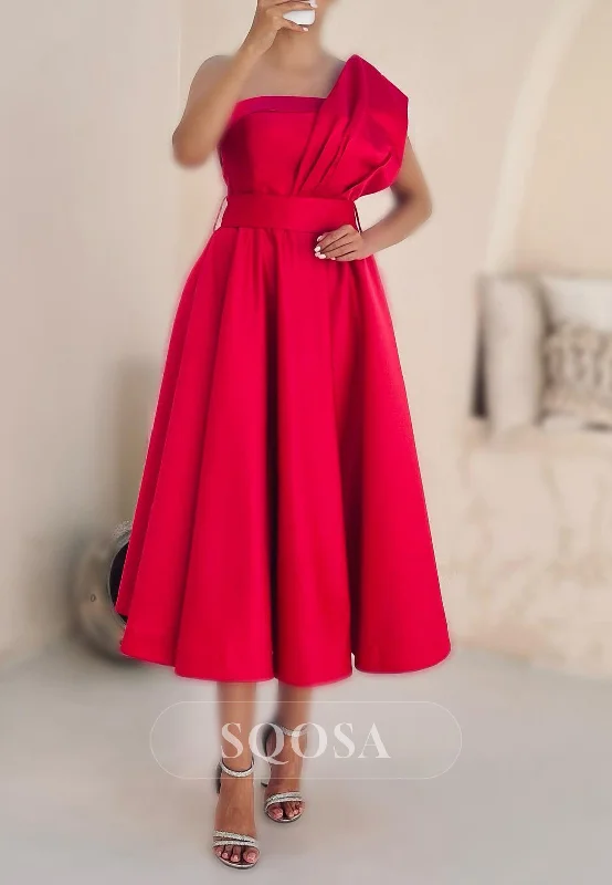 Final Clearance puff sleeve dressA-Line One Shoulder Empire Tea-Length Party Prom Evening Dress QP3558