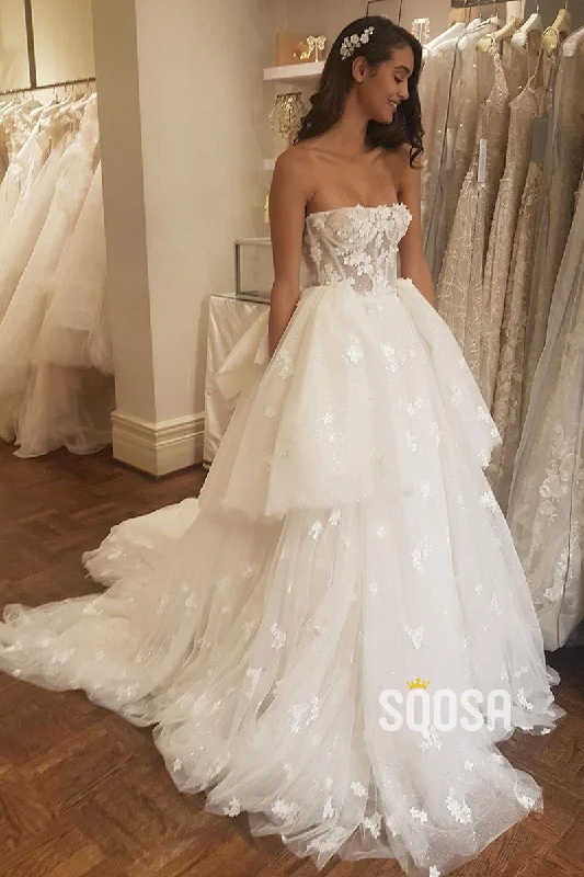 Buy More, Save More structured dressUnique Strapless Tulle Appliques A-line Wedding Dress QW2687
