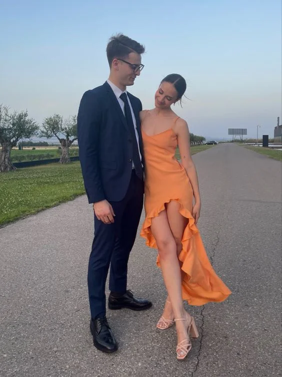 Exclusive Preview structured dressOrange Irregular Ruffle Hem Hi-low Prom Dress Y4138