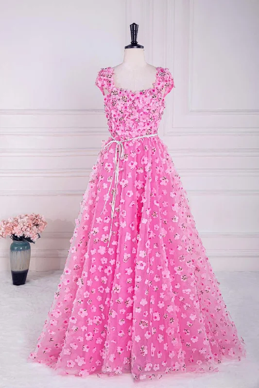 Act Now bohemian dressPink 3D Floral A-line Cap Sleeves Long Prom Dress with Slit